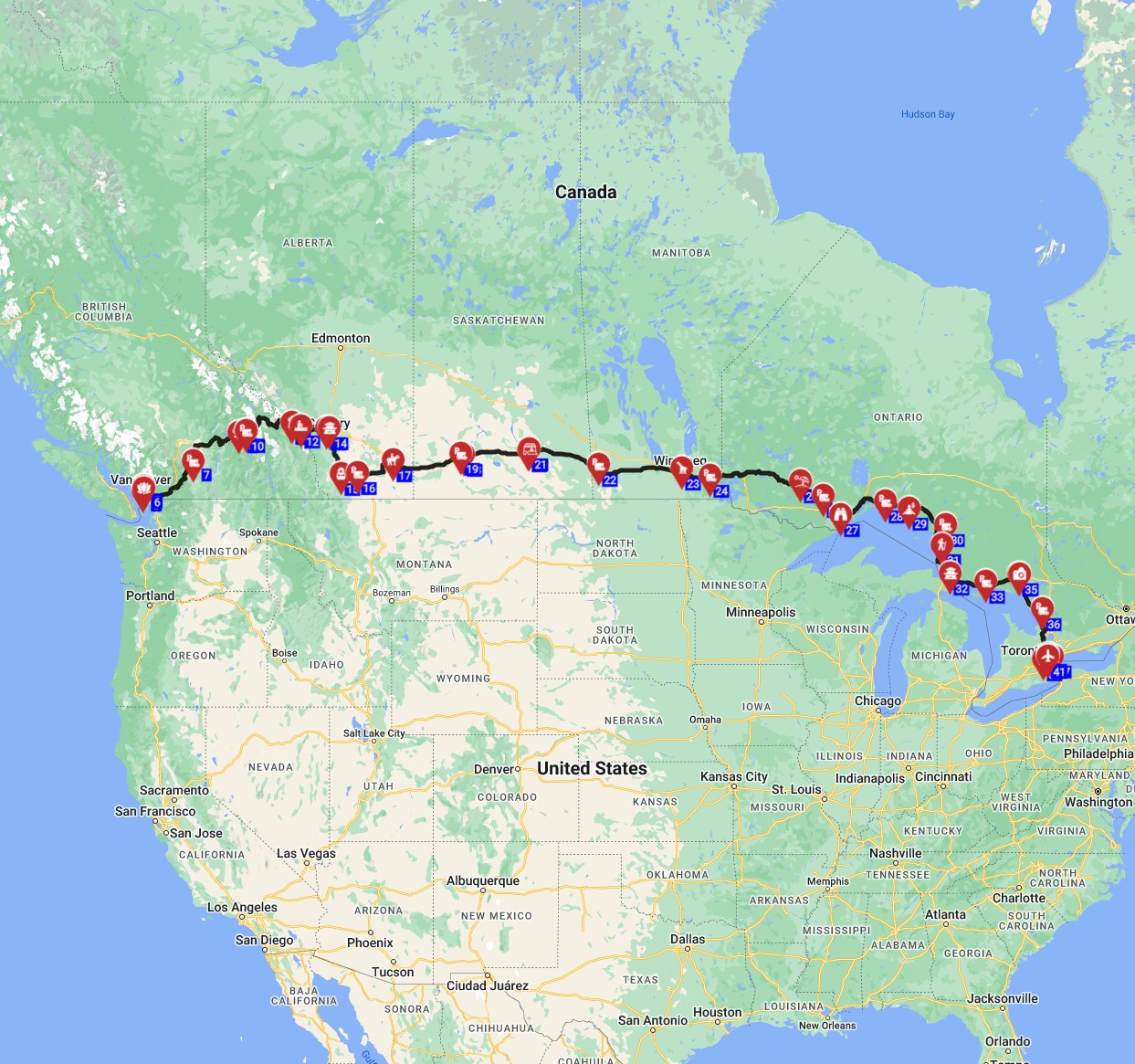 Motorhome trip route Canada from Vancouver to Toronto RV trip